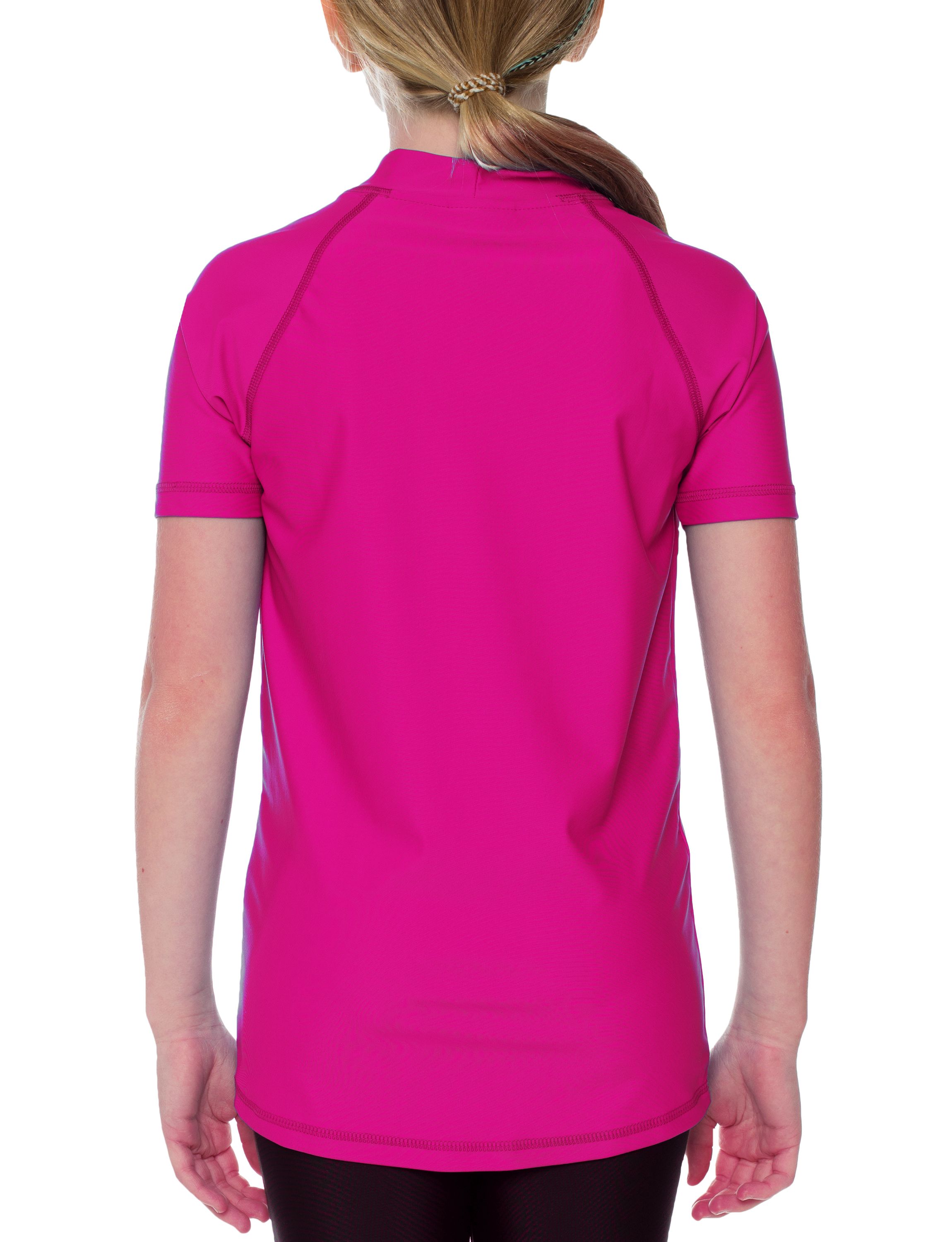 Rückansicht eines pinken iQ-UV Sonnenschutz Shirt Kids Eva mit Rundhalsausschnitt und Kurzarm.