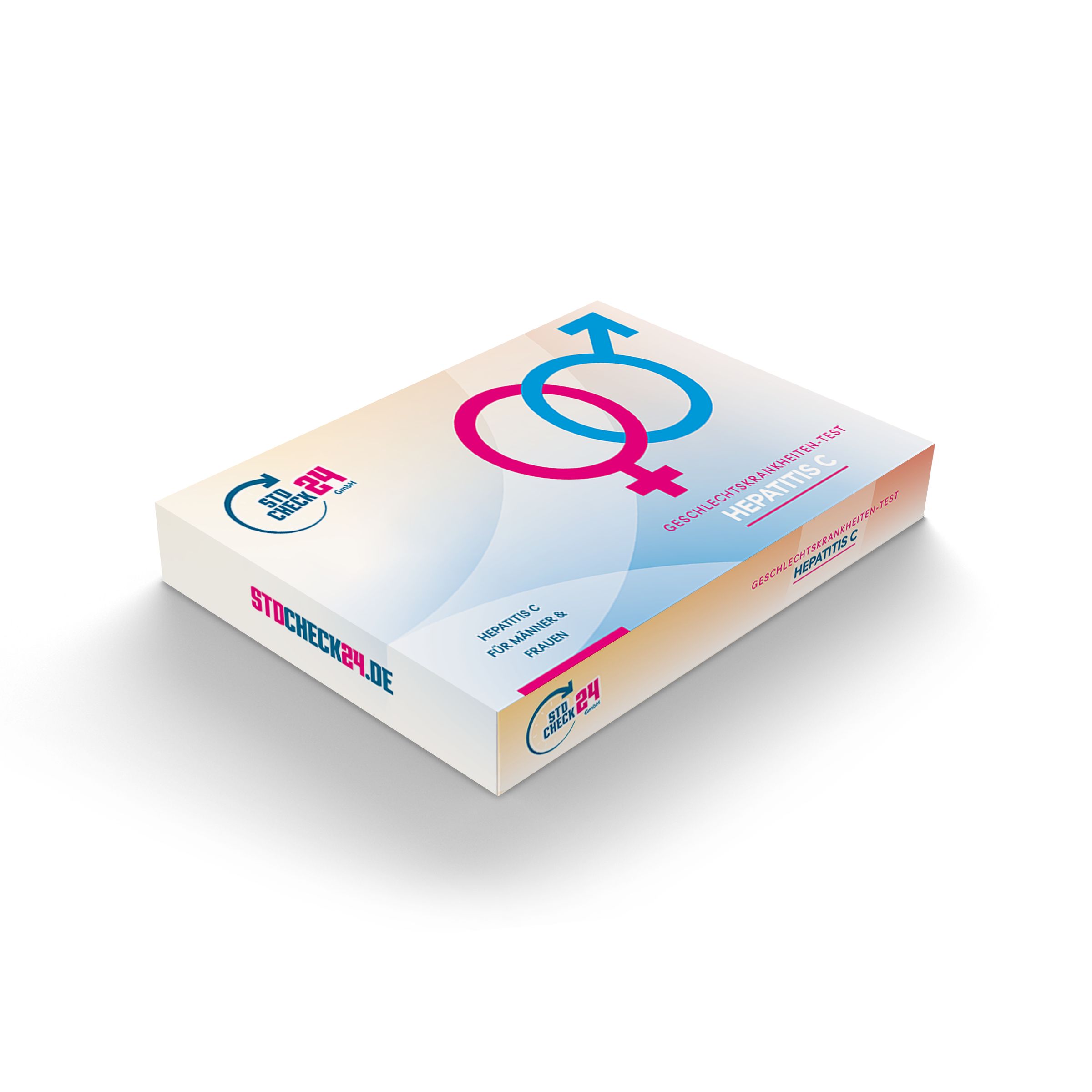 Verpackung eines Hepatitis C Schnelltests für Männer und Frauen mit Geschlechtsymbolen.