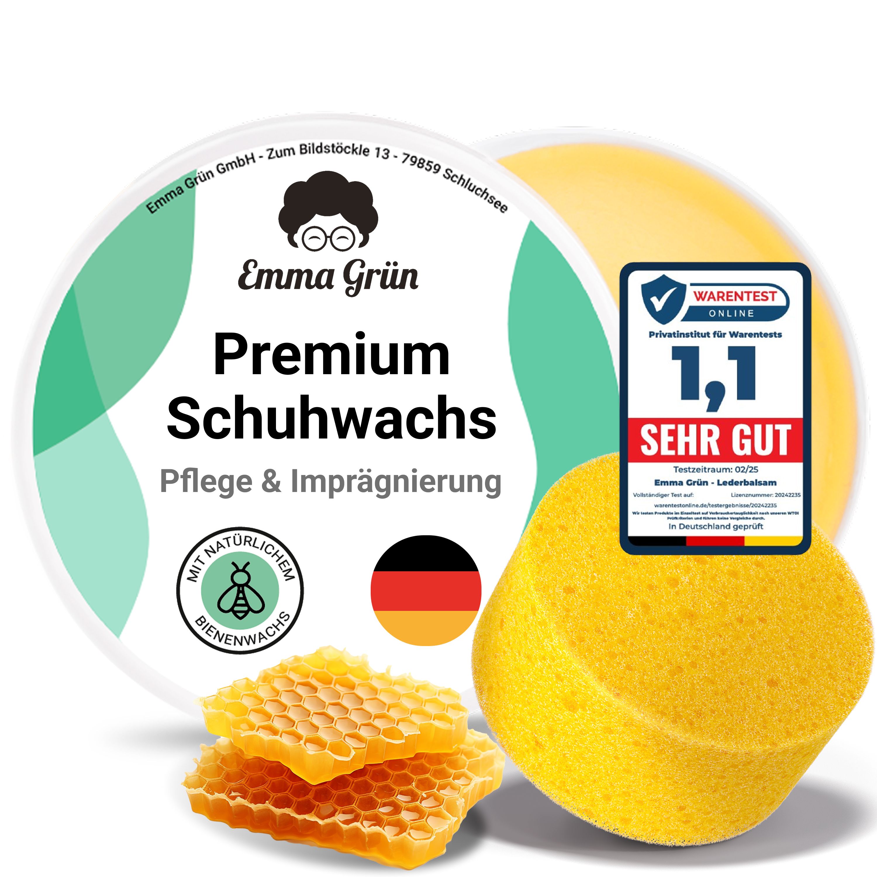 Runde Dose Schuhwachs, gelber Schwamm, Bienenwabe. Aufschrift: Premium Schuhwachs, Pflege & Imprägnierung. Siegel: Sehr gut.