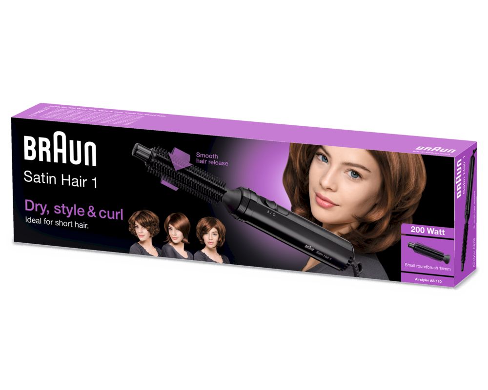 Verpackung der elektrischen Lockenbürste Braun Satin Hair 1. Produktabbildung, Frauenporträt, Produktname, Watt-Angabe.