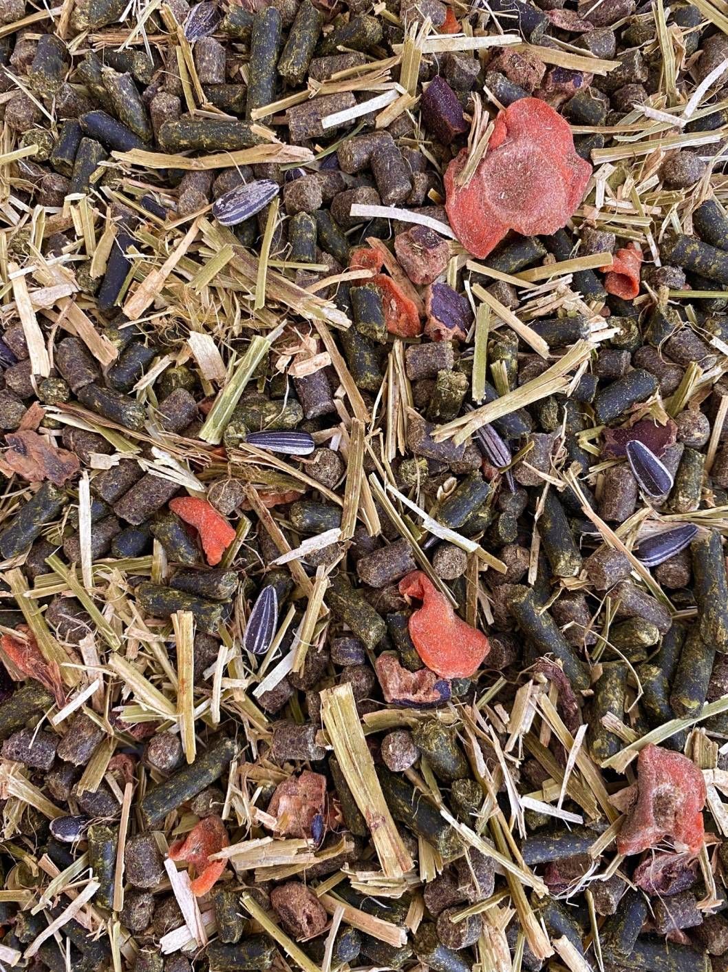 Nahaufnahme von Tierfutter. Enthält Pellets, getrocknete Karottenstücke, Sonnenblumenkerne und Stroh.