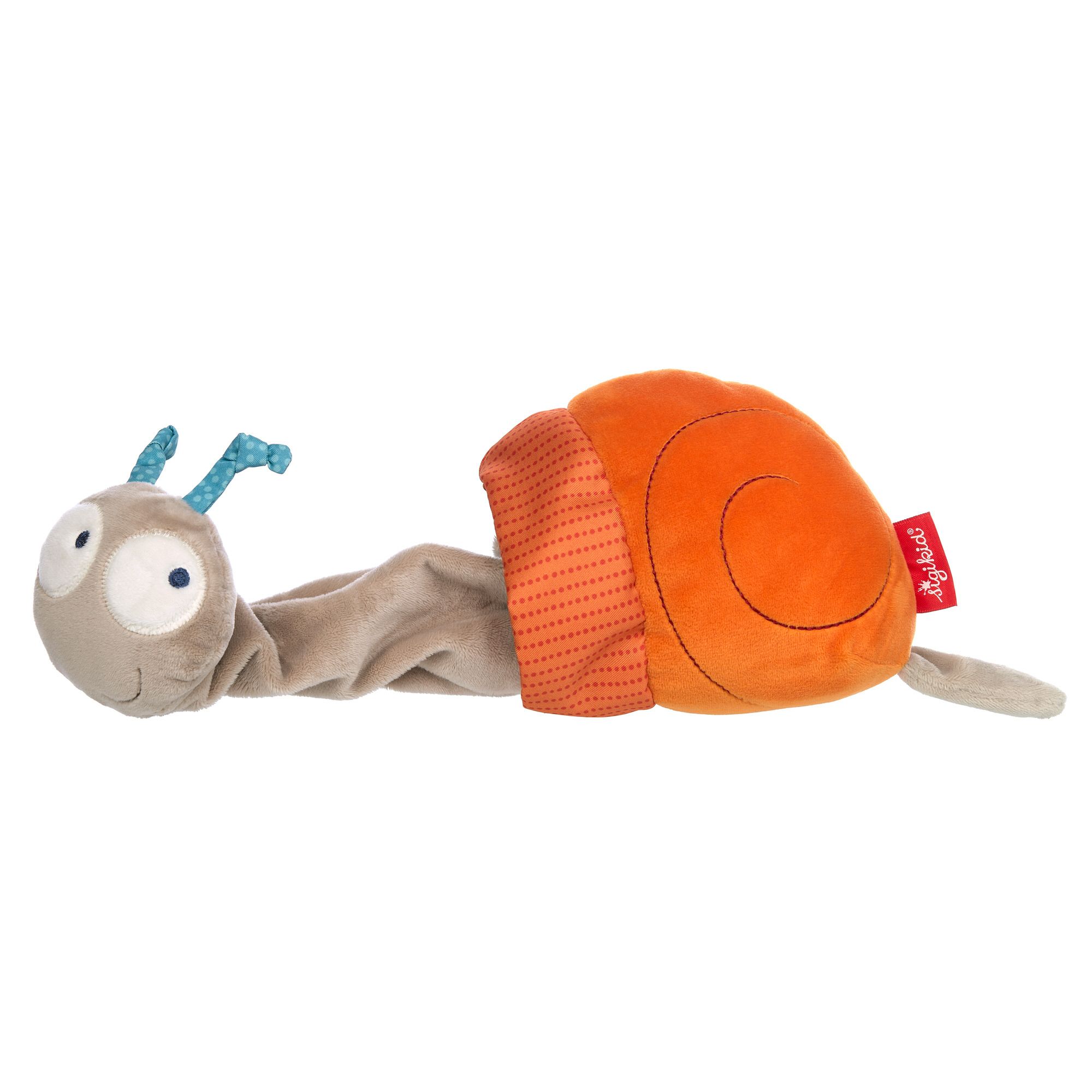 Stoffschnecke mit orangefarbenem Gehäuse, grauem Kopf und blauen Fühlern. Rotes Etikett "sigikid".