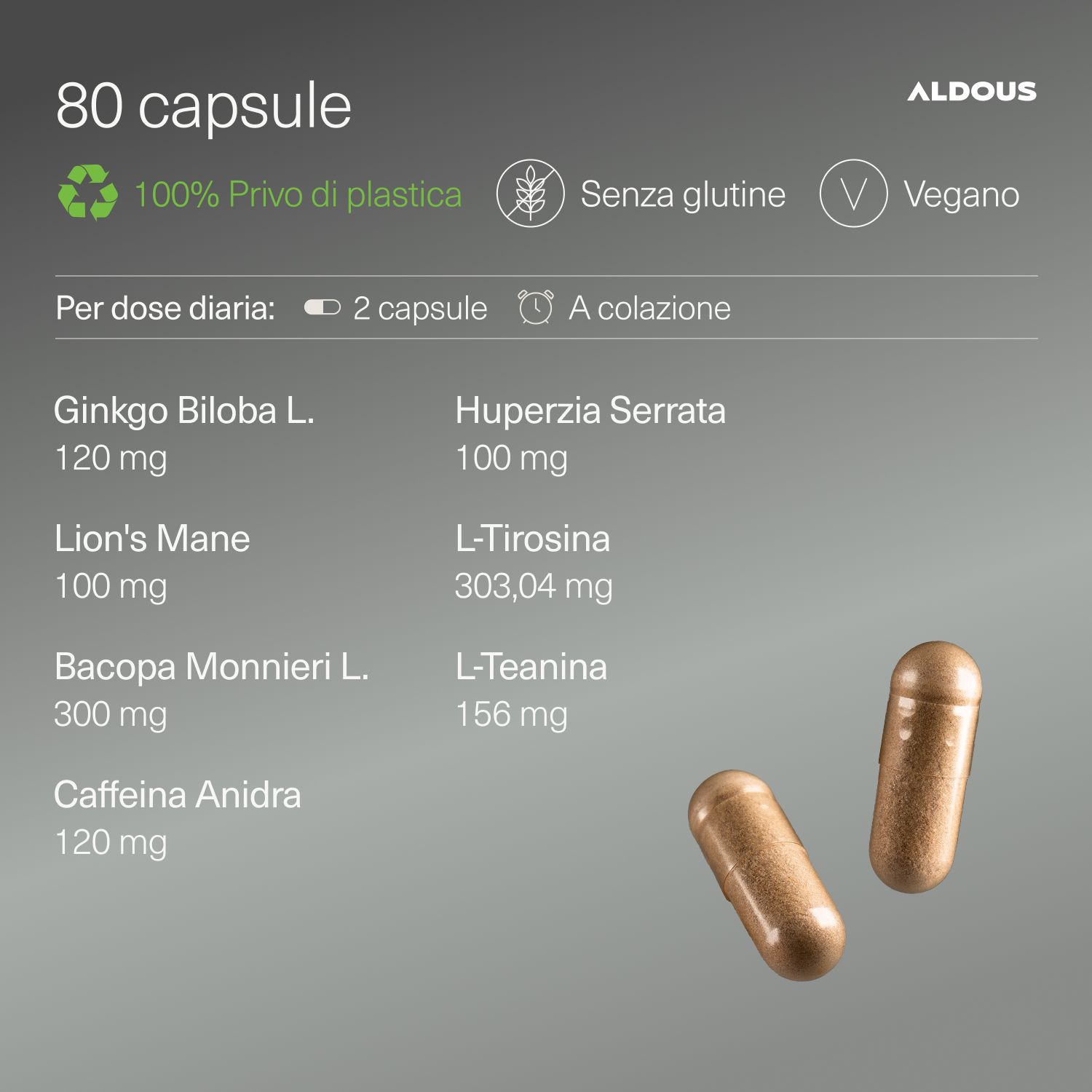 Zwei Kapseln. Aufschrift: 80 capsule, 100% plastikfrei, glutenfrei, vegan. Inhaltsstoffe und Dosierung.