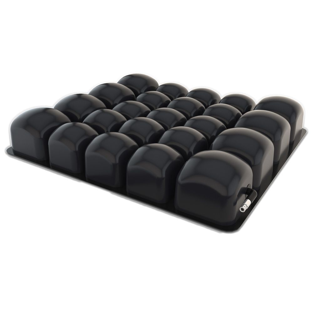 Schwarzes, aufblasbares Sitzkissen mit Zellenstruktur für Rollstühle.