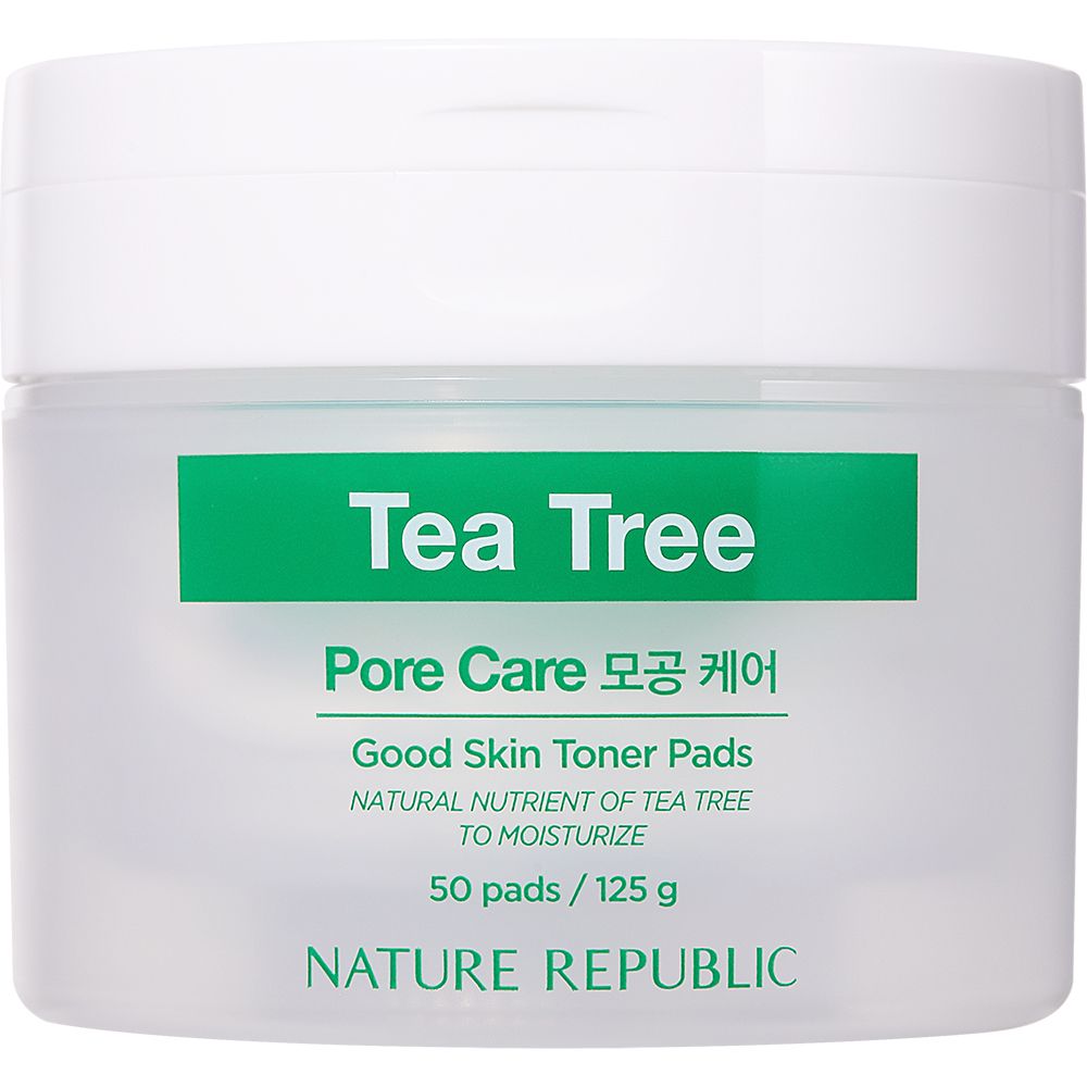 Weißer Behälter mit grünem Etikett. Text: Tea Tree, Pore Care, Good Skin Toner Pads, 50 pads / 125 g, NATURE REPUBLIC.
