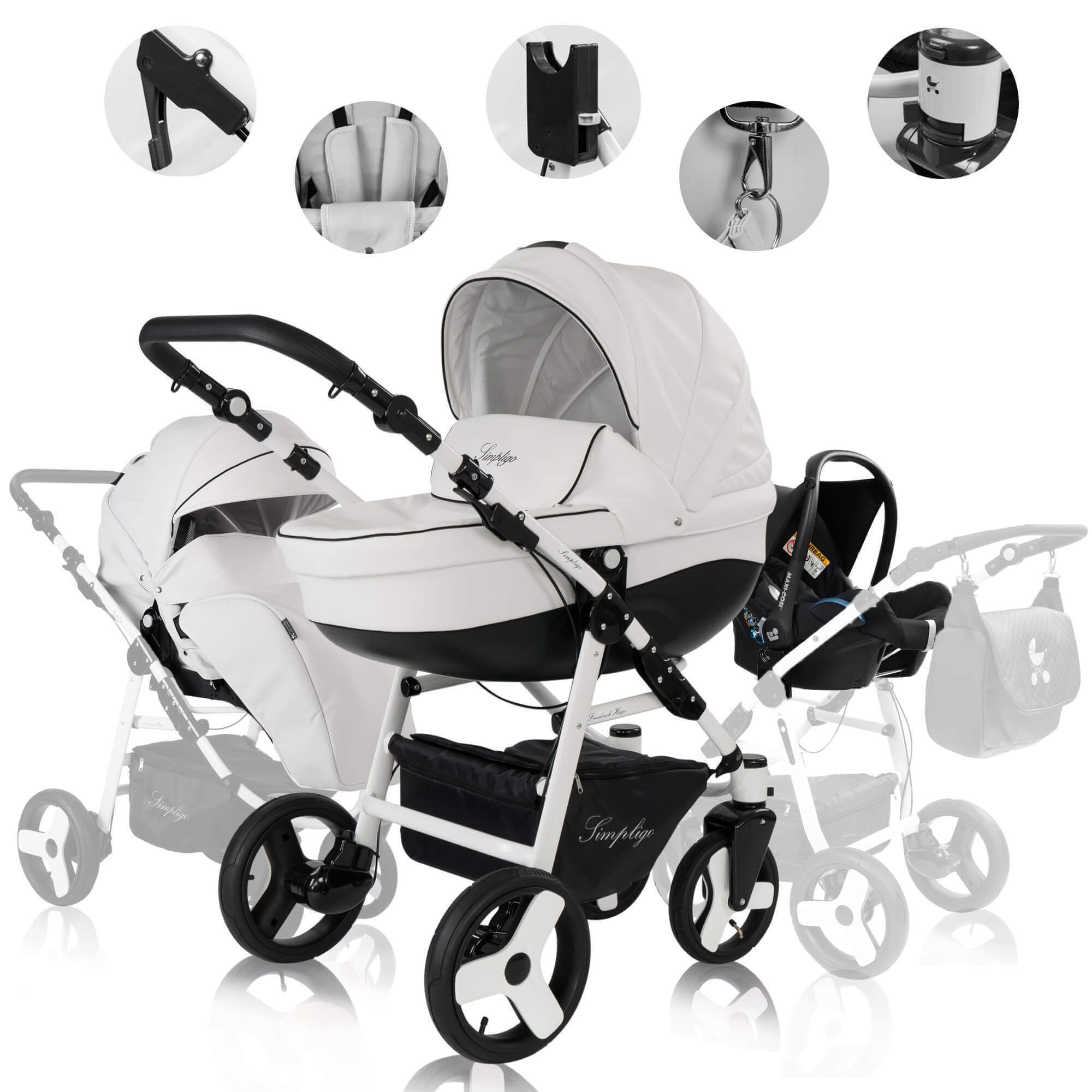 Friedrich Hugo Simpligo 3 in 1 Kinderwagen mit original Maxi Cosi, Weiß (Kunstleder)