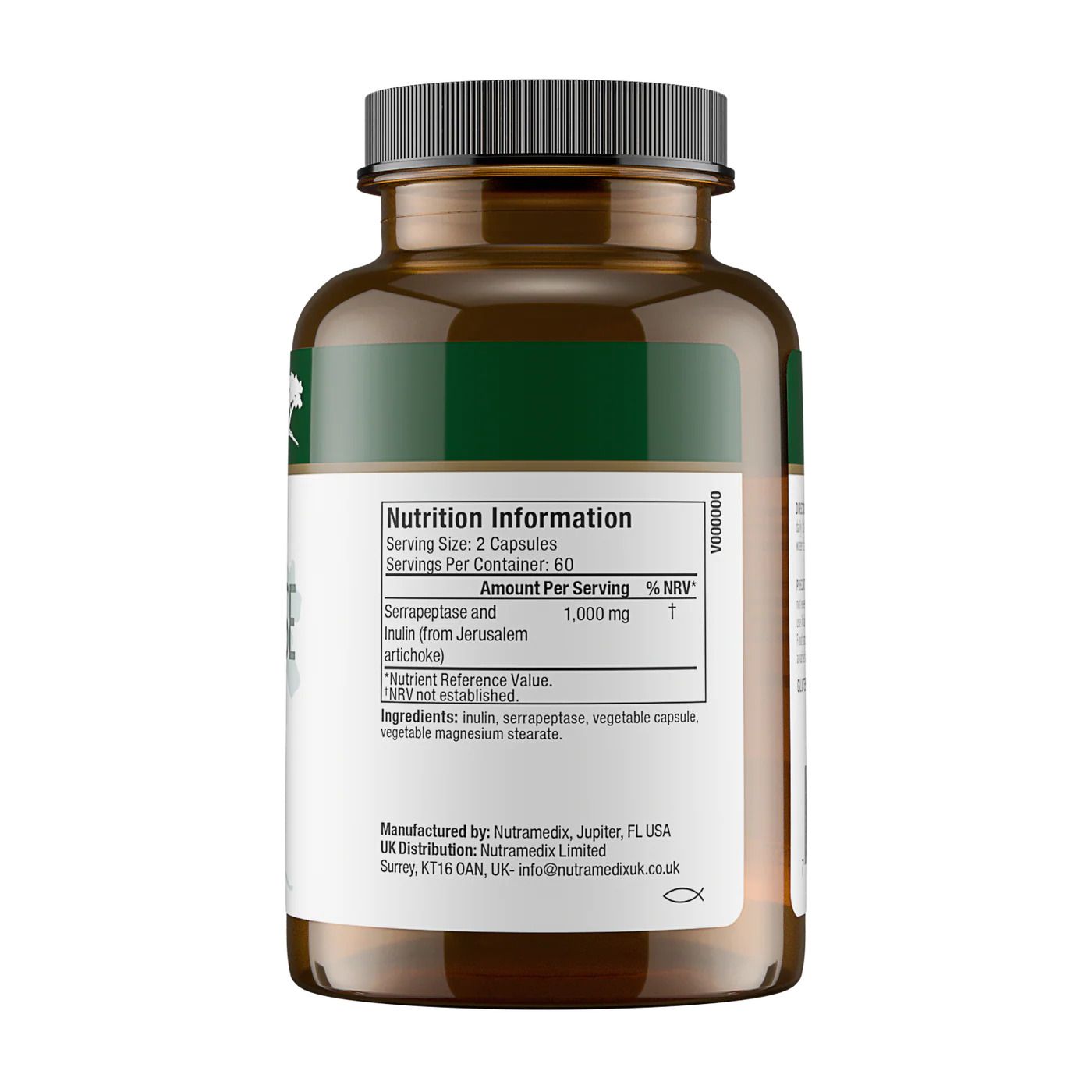 Rückseite des Nutramedix Serrapeptase mit Inulin Behälters mit Nährwertangaben und Herstellerinformationen.