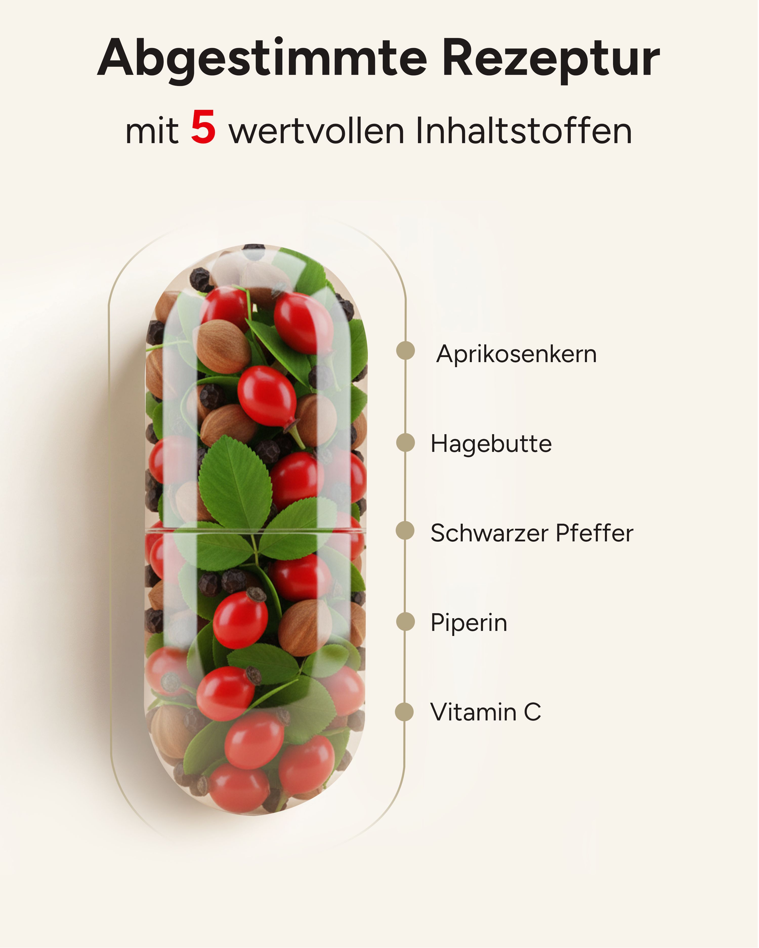 Durchsichtige Kapsel mit Aprikosenkernen, Hagebutten, Pfefferkörnern und Blättern. Text: Aprikosenkern, Hagebutte, Schwarzer Pfeffer, Piperin, Vitamin C.