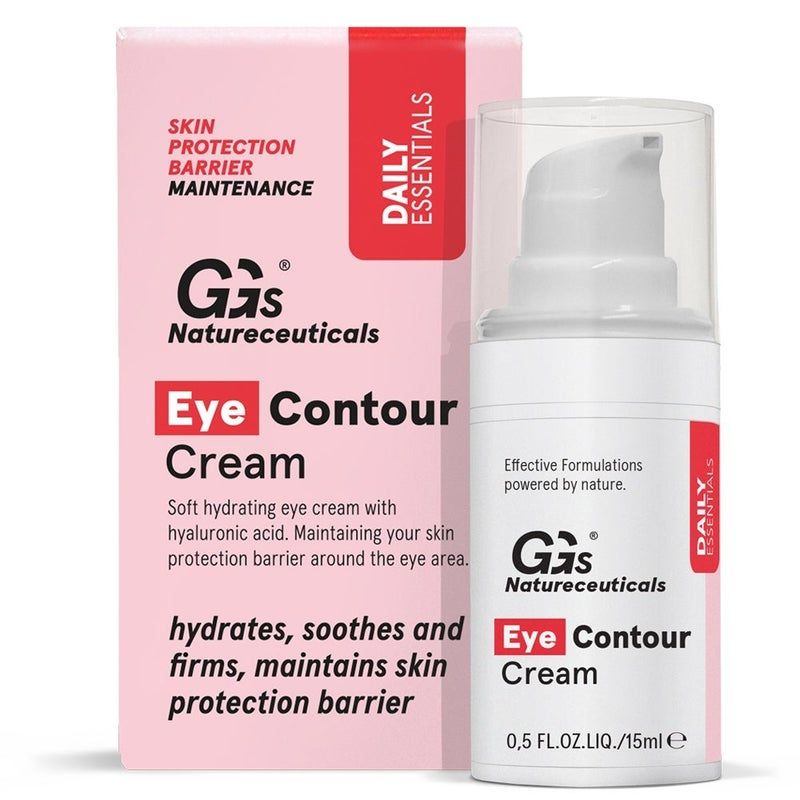 Weiße Flasche und rosa Schachtel. Aufschrift: Eye Contour Cream. Marke: GGs Natureceuticals. Text: Daily Essentials, Skin Protection Barrier Maintenance.