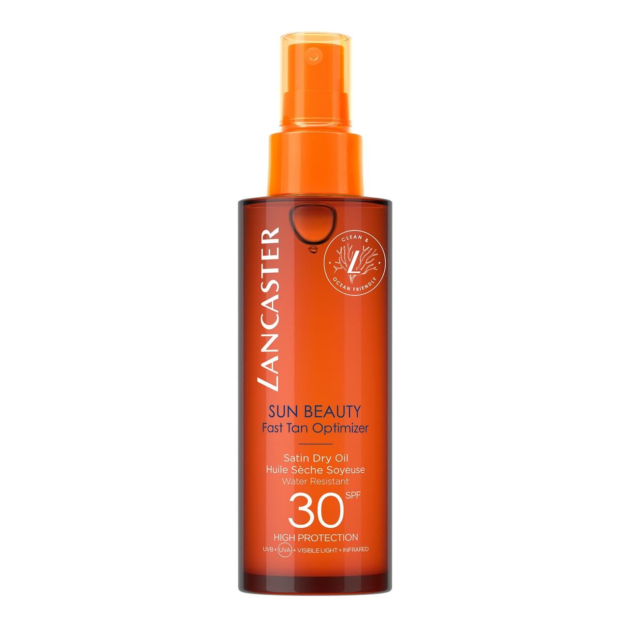Flasche mit Zerstäuber. Orangefarbener Deckel. Text: Lancaster, Sun Beauty, Satin Dry Oil SPF30.