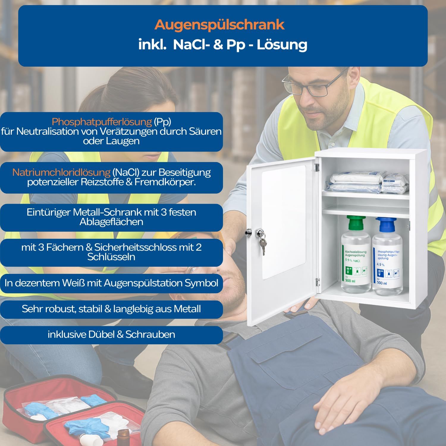 FAP First Aid Products Augenspülschrank + 2 x Augendusche je 500 ml - NaCl & Phosphat