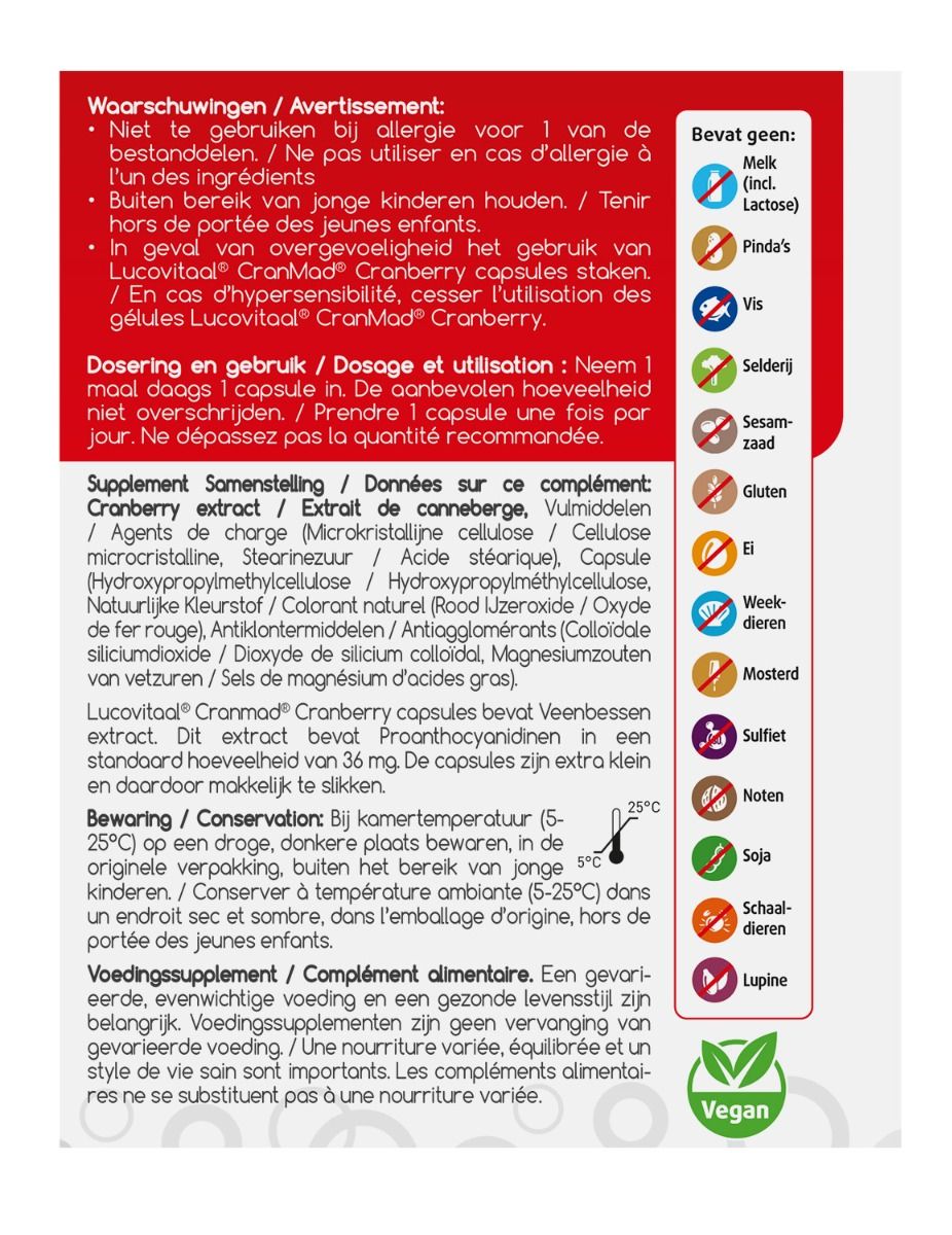 Rückseite der Verpackung mit Informationen zu Inhaltsstoffen, Warnhinweisen und Dosierung. Vegan-Logo. Enthält Informationen zu Allergenen.