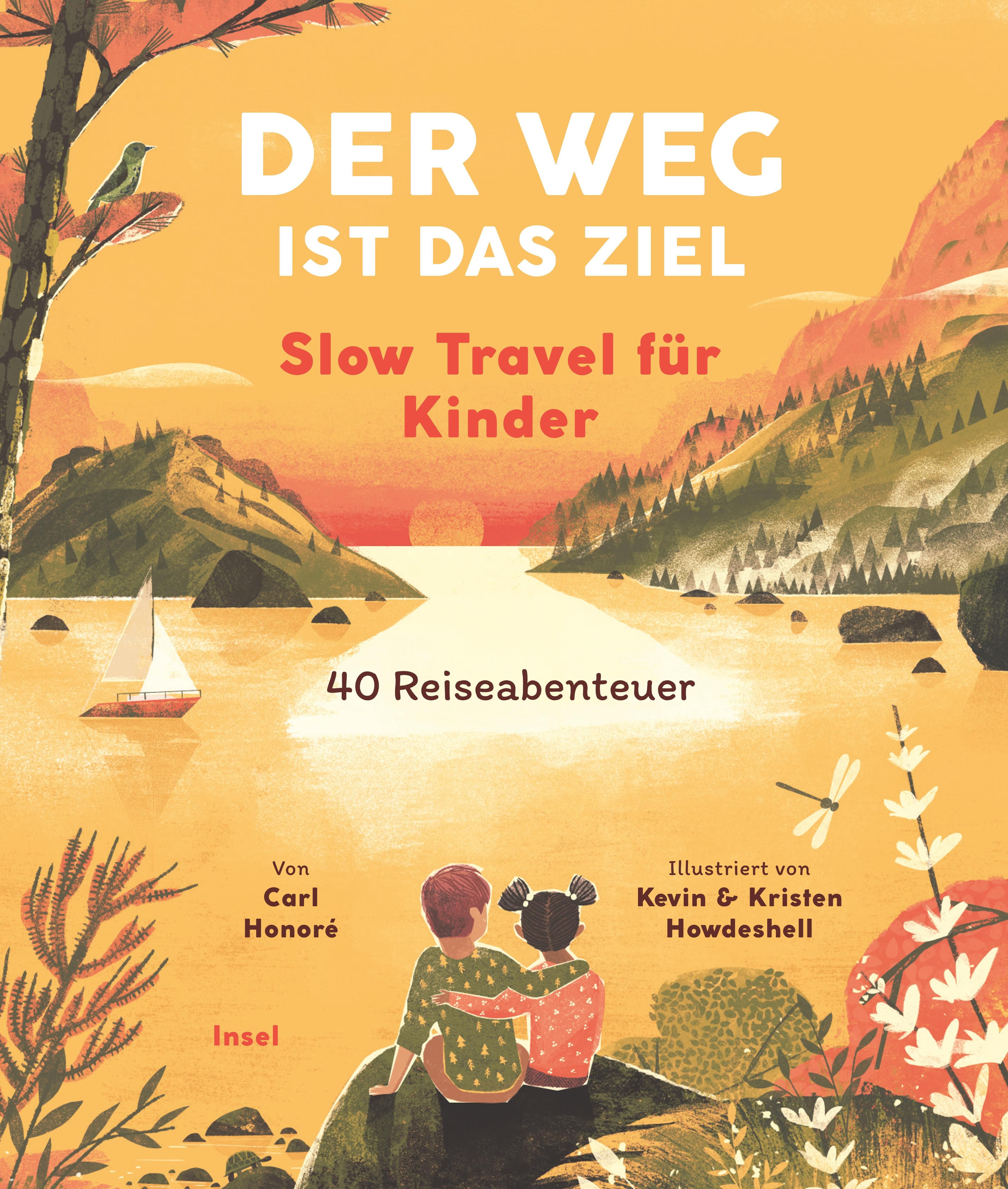 Buchcover mit Titel: Der Weg ist das Ziel. Slow Travel für Kinder. Illustration einer Landschaft mit Boot und Bergen.