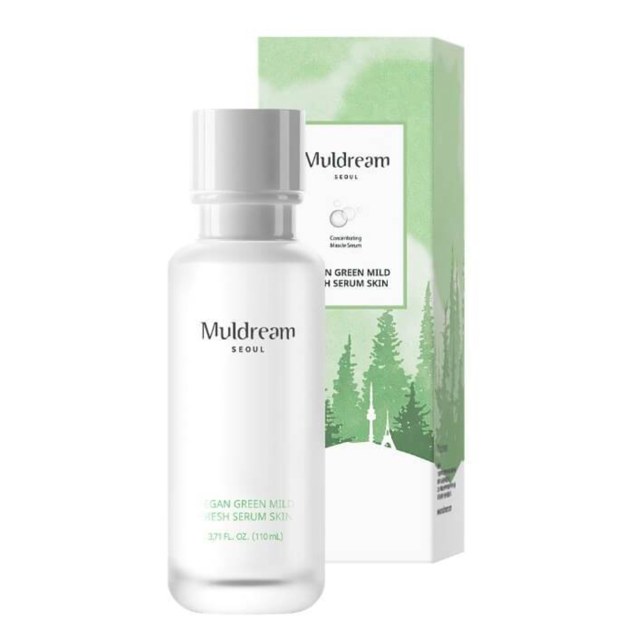 Weiße Flasche mit Serum, daneben Verpackung mit Logo und Text. Aufschrift: Muldream Seoul, Green Mild Fresh Serum Skin.