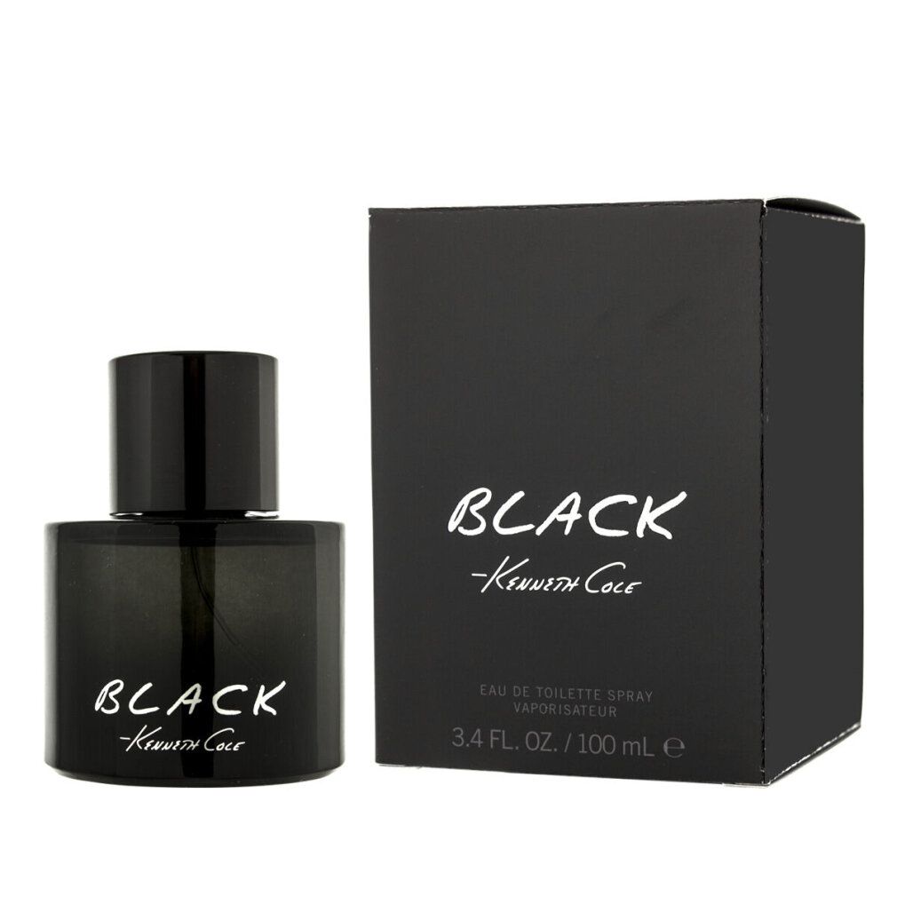 Schwarze Flasche und Schachtel von Kenneth Cole Black Eau de Toilette. Aufschrift "BLACK -Kenneth Cole". 3.4 FL. OZ. / 100 ml.