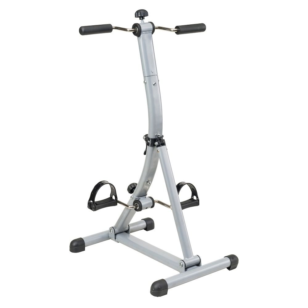 Grauer Arm- und Beintrainer. Metallrahmen mit Pedalen und Griffen. Schwarze Pedalschlaufen und Griffpolster. Höhenverstellbar.