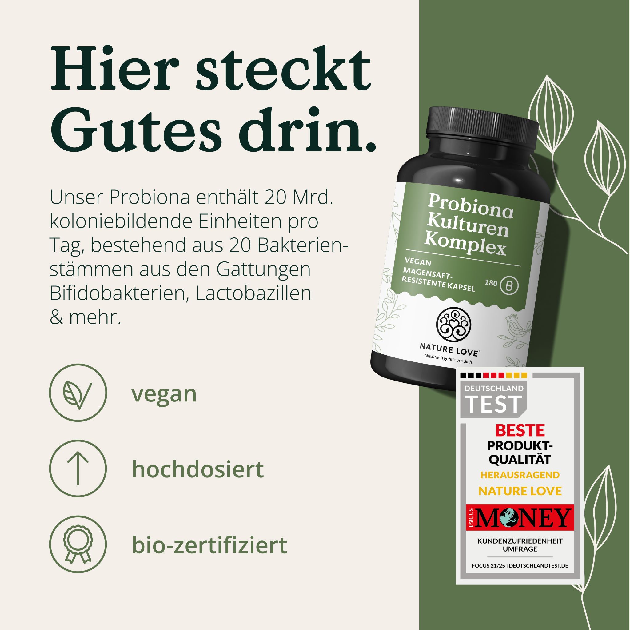 NATURE LOVE Probiona: Vegan, hochdosiert, bio-zertifiziert. Flasche mit Siegel 'Deutschland Test'.