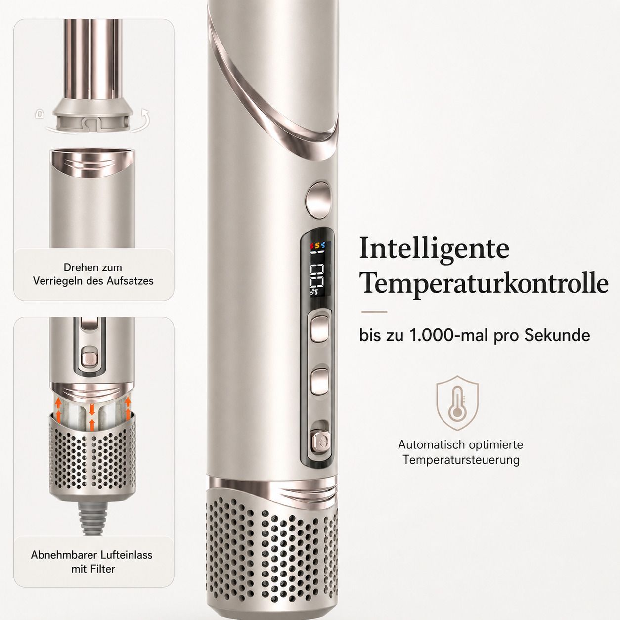 Airstyler mit Temperaturkontrolle. Zeigt Details der Temperaturregelung und abnehmbaren Lufteinlass.