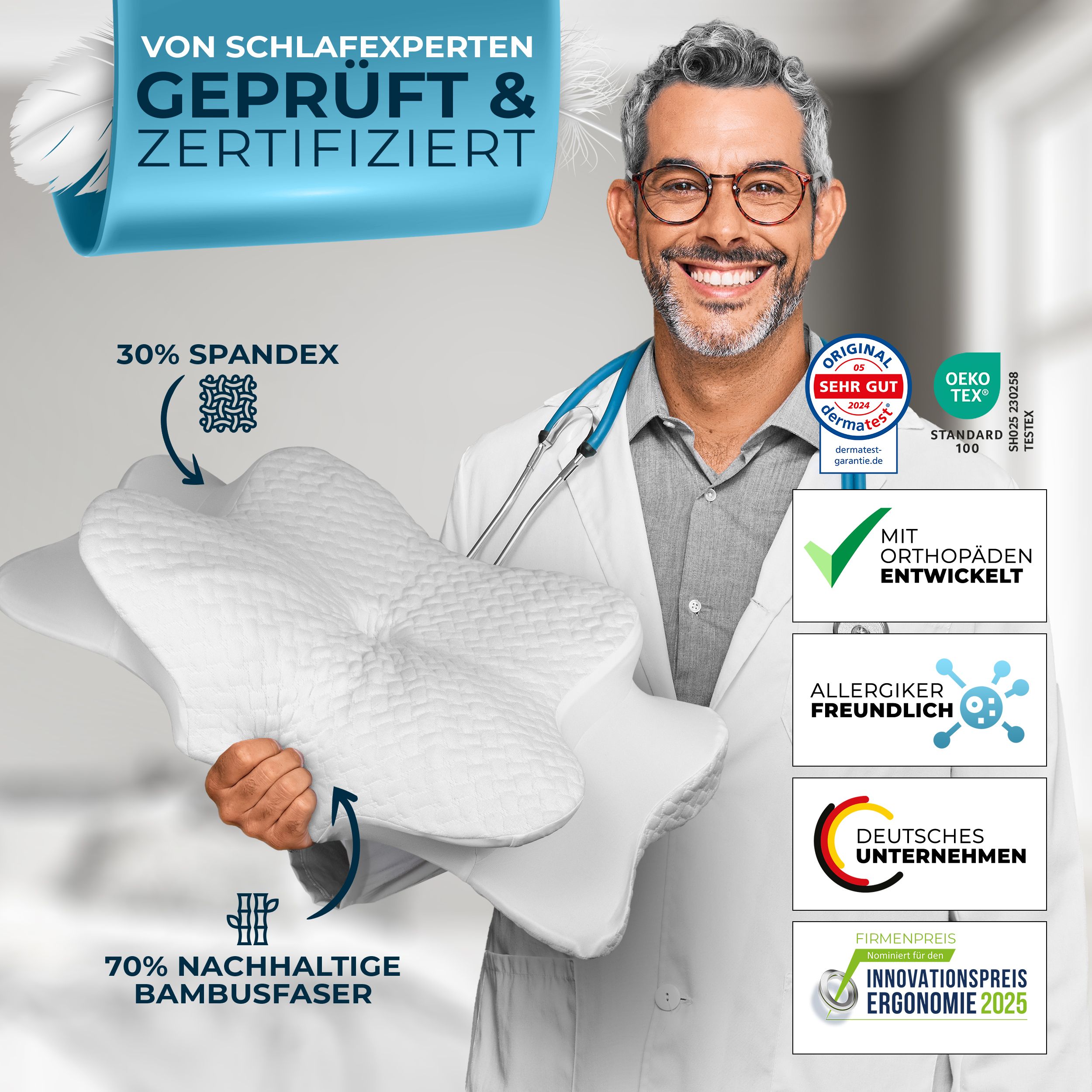 Arzt mit orthopädischem Kissen. 30% Spandex, 70% Bambusfaser. Mit Orthopäden entwickelt, allergikerfreundlich. Deutsches Unternehmen. Oeko-Tex.