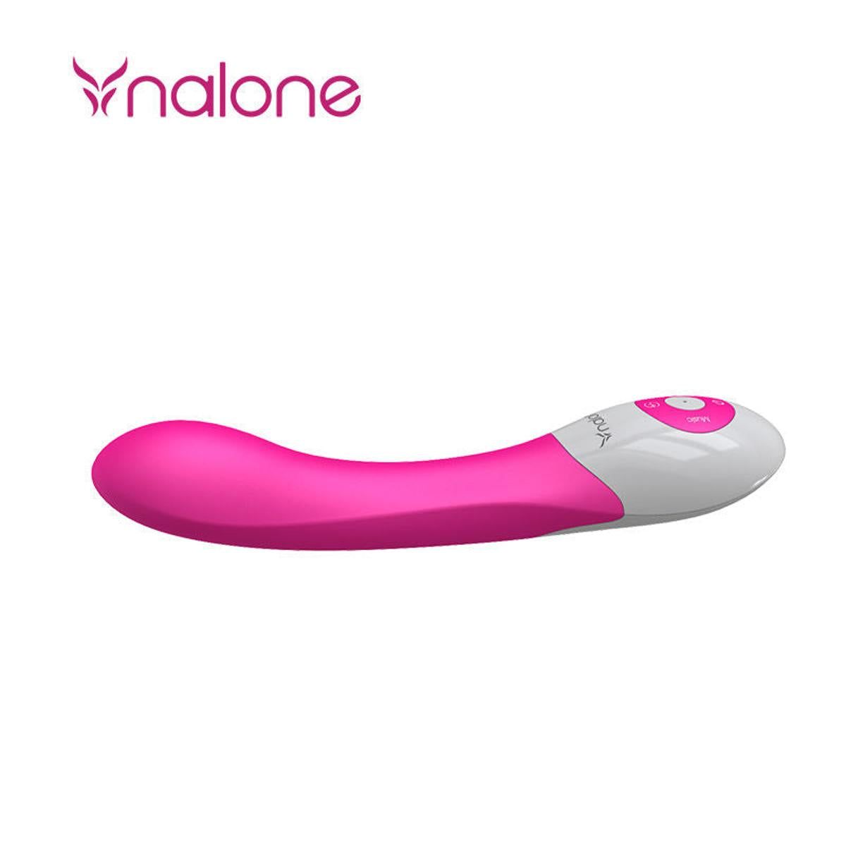 Pinkfarbener Vibrator mit weißem Bedienfeld. Marke Nalone. Knöpfe für Musik und Modus.