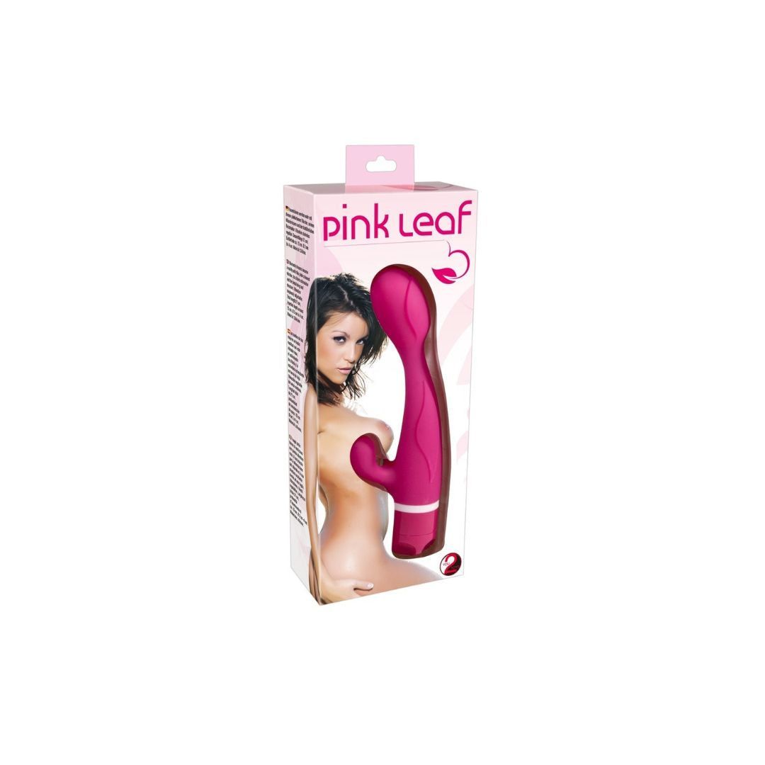 Produktverpackung mit pinkfarbenem Vibrator. Aufdruck: „pink leaf“. Abbildung einer Frau.