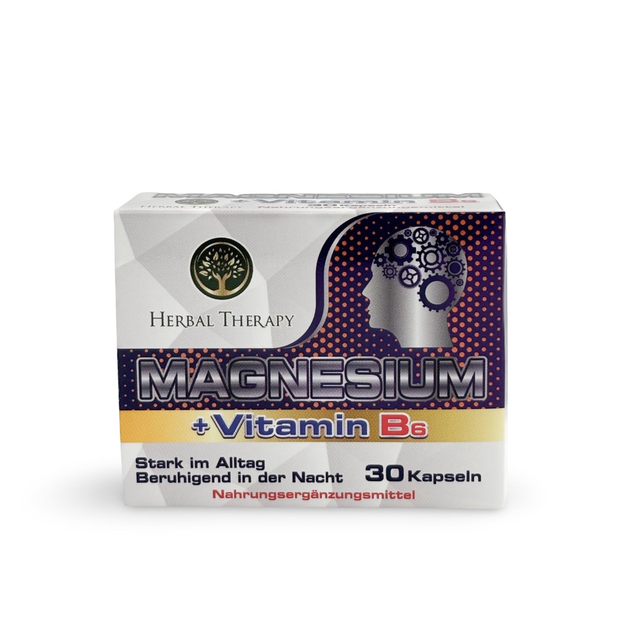 Weißer Karton mit Aufschrift Herbal Therapy Magnesium + Vitamin B6. 30 Kapseln. Logo mit Baum und Kopf mit Zahnrädern.