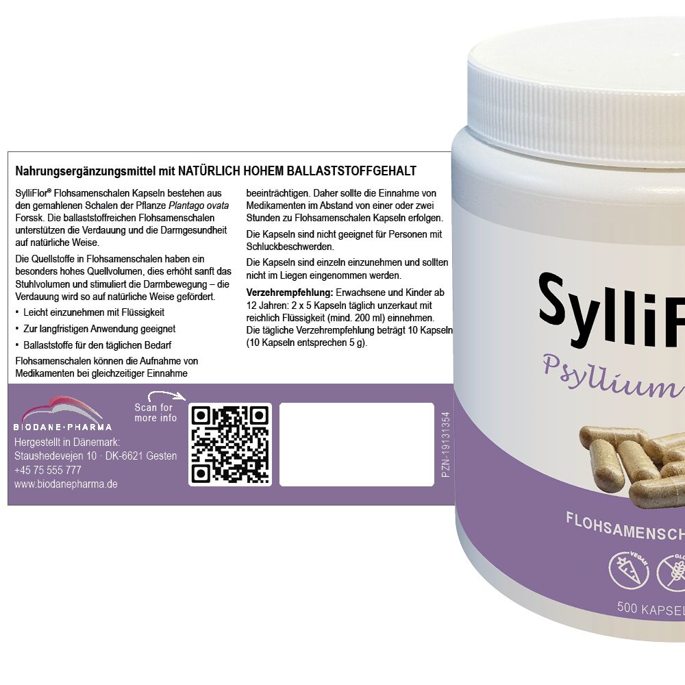 Behälter mit SylliFlor Psyllium husks Kapseln und Text auf Etikett. Enthält Informationen zur Einnahme und Inhaltsstoffe. QR-Code.