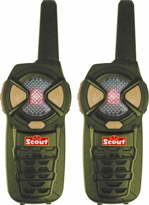 Zwei grüne Walkie-Talkies. Jedes hat einen Lautsprecher, eine Antenne und das Scout-Logo. Beige Akzente.