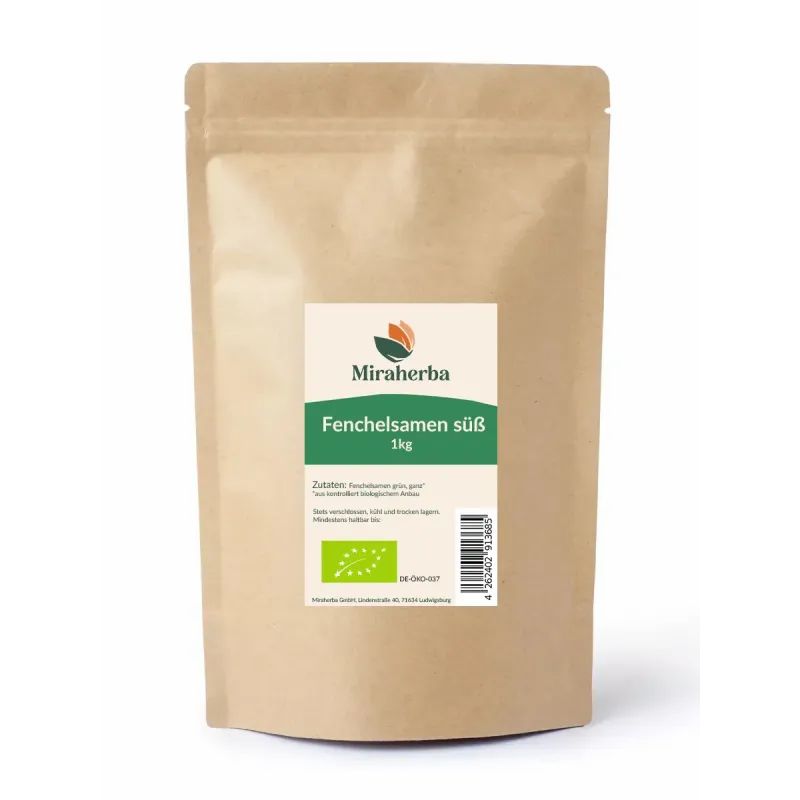 Beutel mit Aufschrift Miraherba, Fenchelsamen süß, 1kg. Bio-Siegel. Brauner Papierbeutel mit grünem Etikett.
