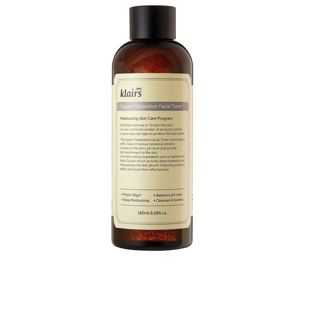Braune Flasche mit schwarzem Deckel. Aufschrift: Klairs Supple Preparation Facial Toner. Etikett mit Produktinformationen.