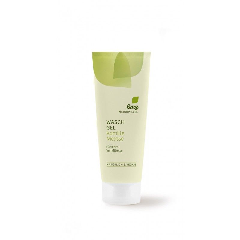 Beige Tube mit grünem Deckel. Aufschrift: Wasch Gel Kamille Melisse. Marke: lenz Naturpflege. Text: Natürlich & Vegan.