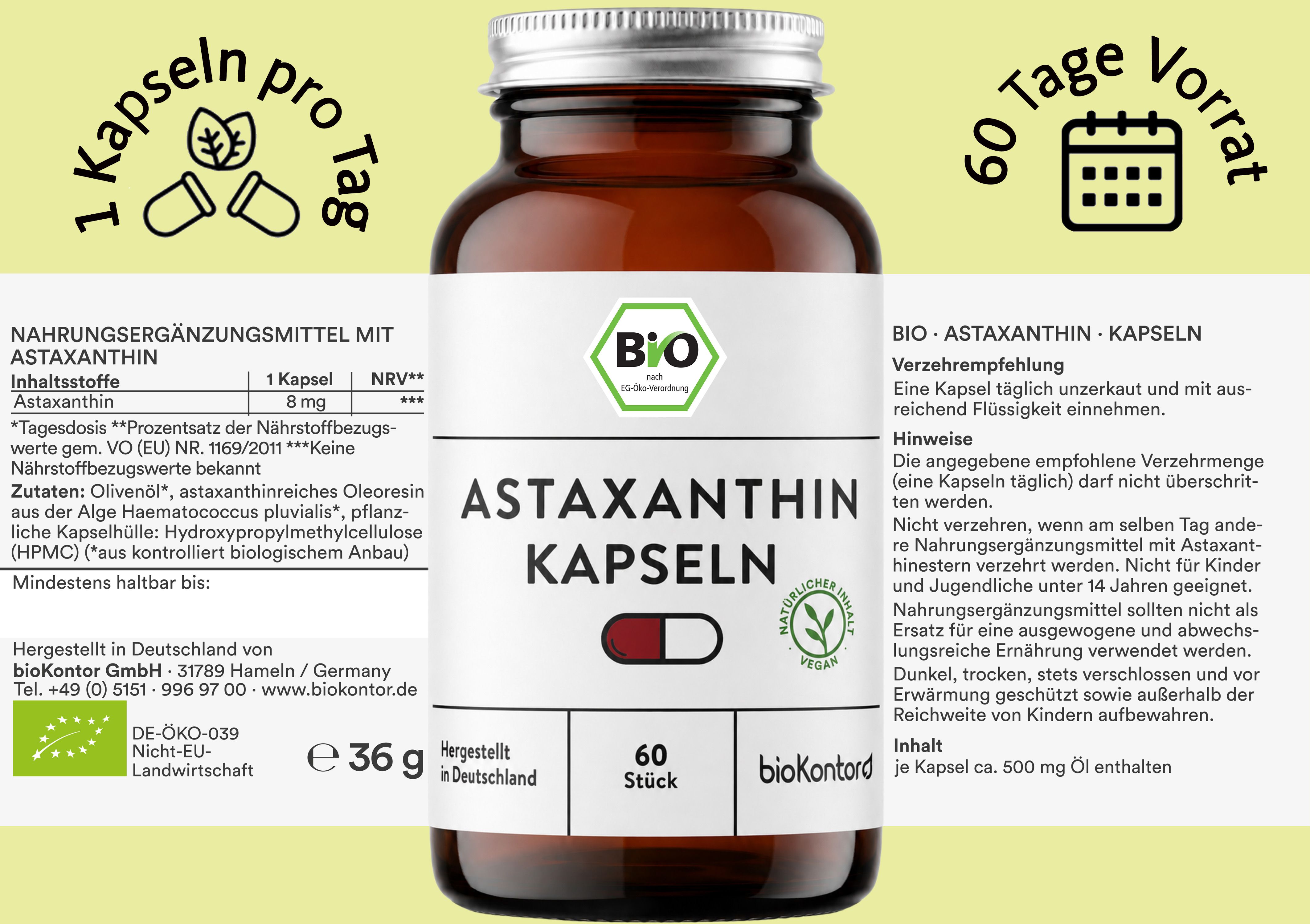 Flasche Astaxanthin-Kapseln, 60 Stück, Bio-Qualität, vegan.