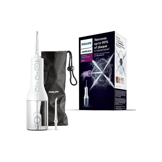 Weißer Philips Sonicare Power Flosser, schwarze Tasche, Ersatzdüse und Verpackung. Entfernt bis zu 99% Plaque.