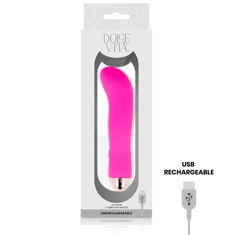 Pinkfarbener Silikon-Vibrator in Verpackung. Aufdruck: Dolce Vita, USB Rechargeable, 7 Vibrationsmodi.