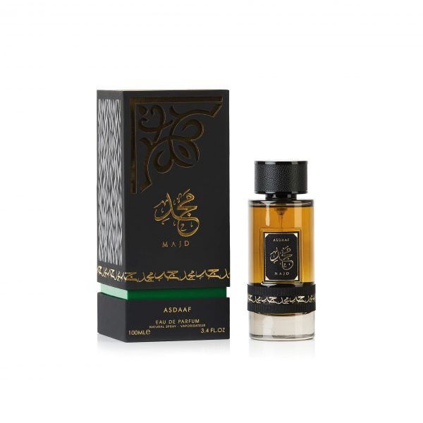 Schwarze Parfumflasche mit goldfarbener Schrift und Verpackung. Aufschrift: MAJD, ASDAAF. 100ml.