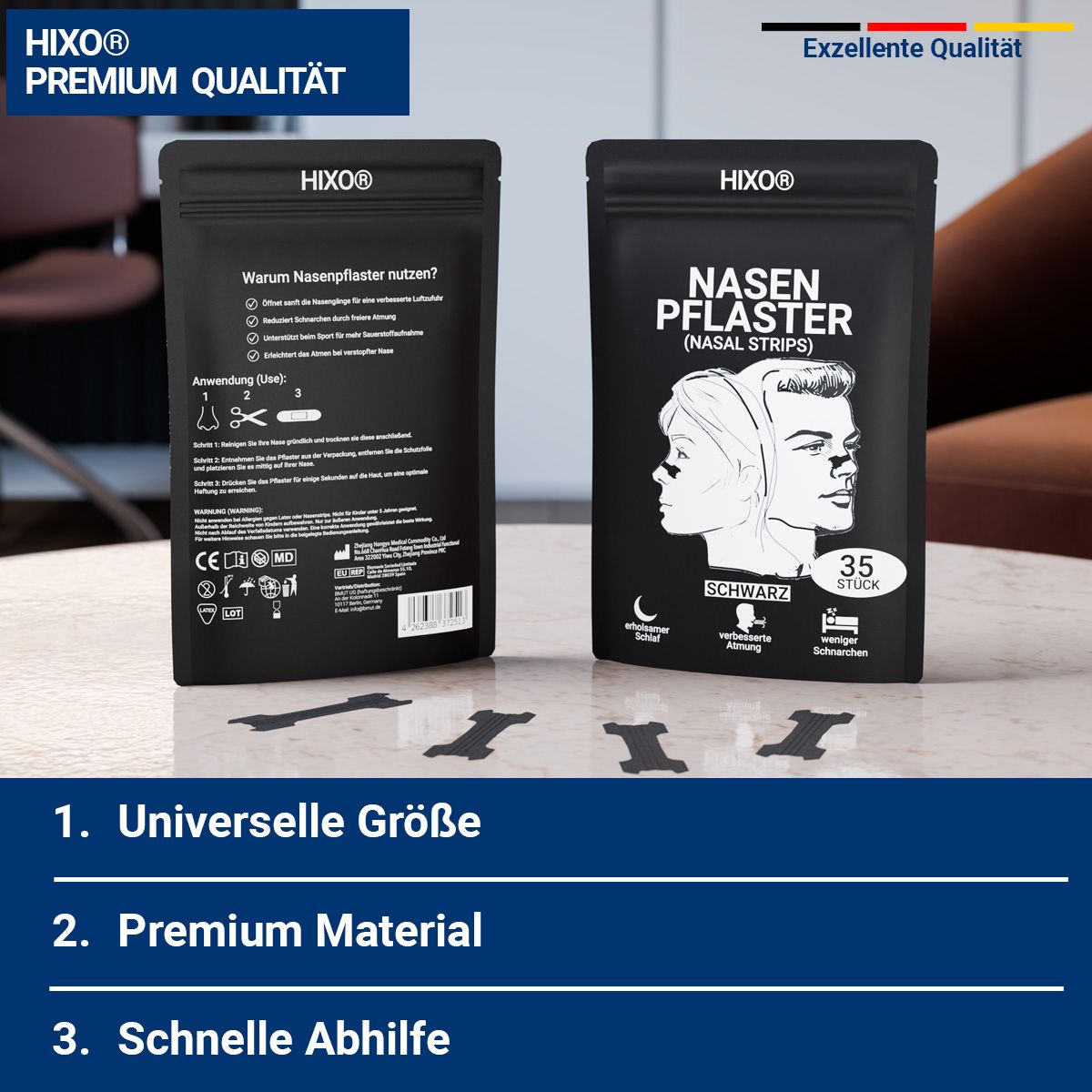 Zwei Verpackungen mit Nasenpflastern. Text: HIXO, Nasenpflaster, 35 Stück. Illustration von Gesichtern. Premium Qualität. Text: Universelle Größe, Premium Material, schnelle Abhilfe.