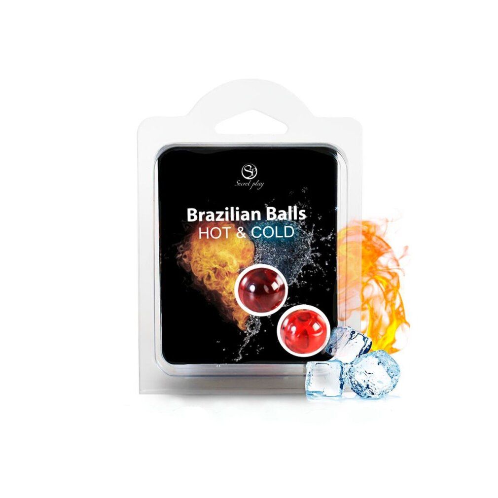 Zwei rote Kugeln in Blisterverpackung, beschriftet mit 'Brazilian Balls HOT & COLD'. Eiswürfel und Flammen-Grafik.