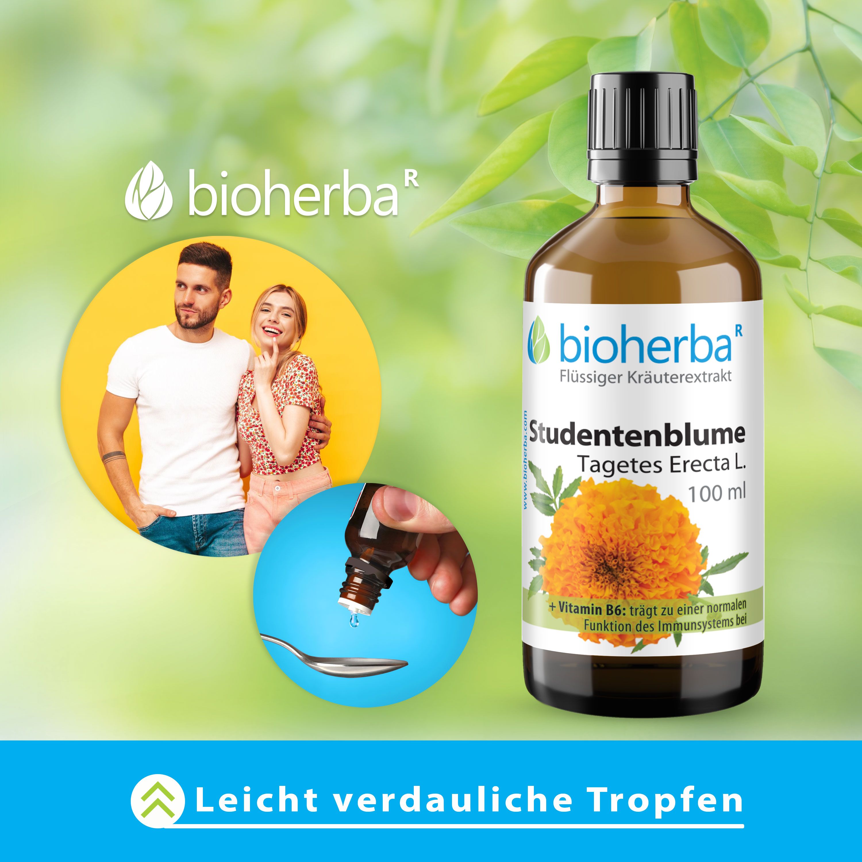 Braune Flasche mit Etikett. Personen im Hintergrund. Löffel mit Tropfen. Text: Leicht verdauliche Tropfen.