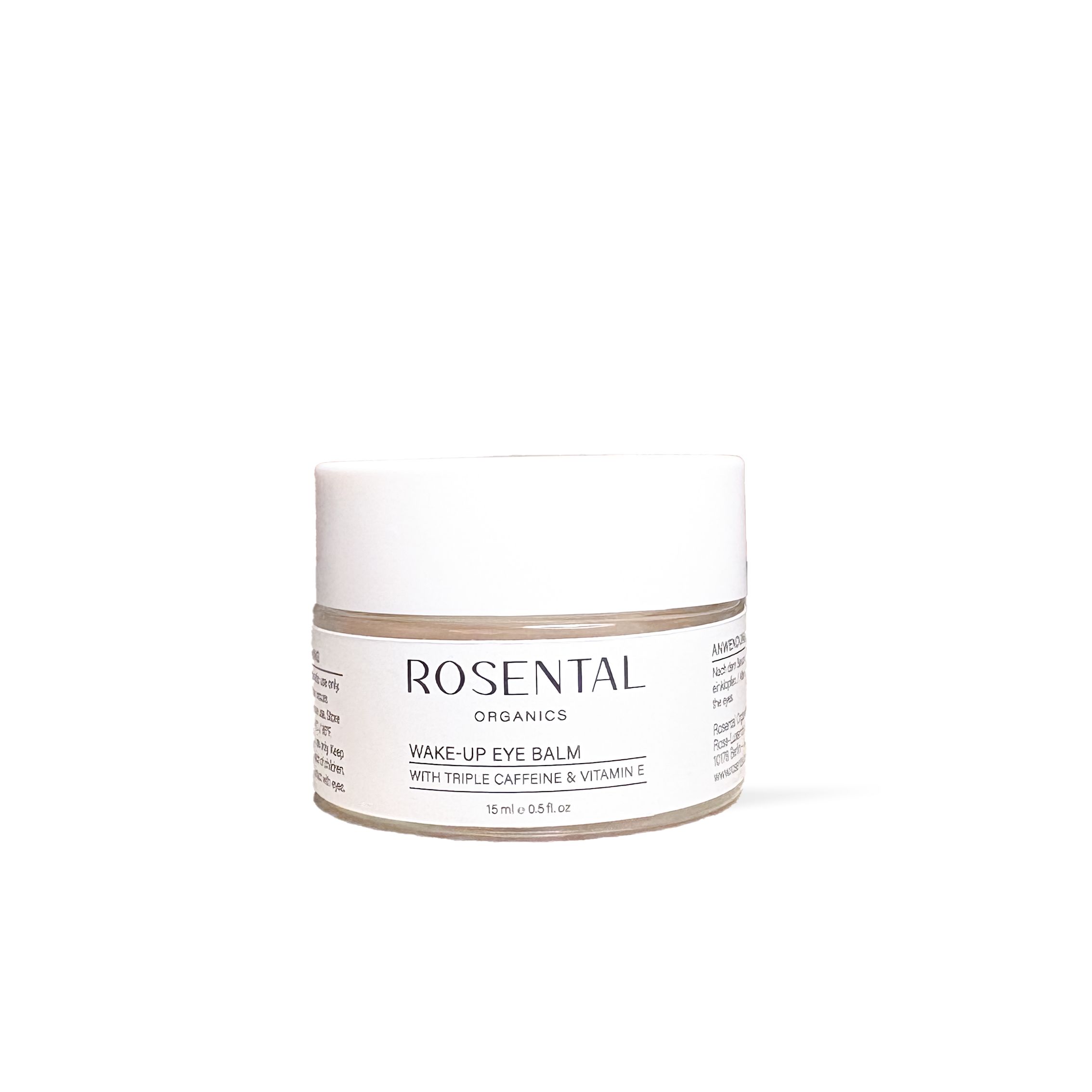 Weißes Tiegel mit Aufschrift Rosental Organics. Text: Wake-up Eye Balm, mit Triple Caffeine & Vitamin E. 15 ml / 0.5 fl oz.