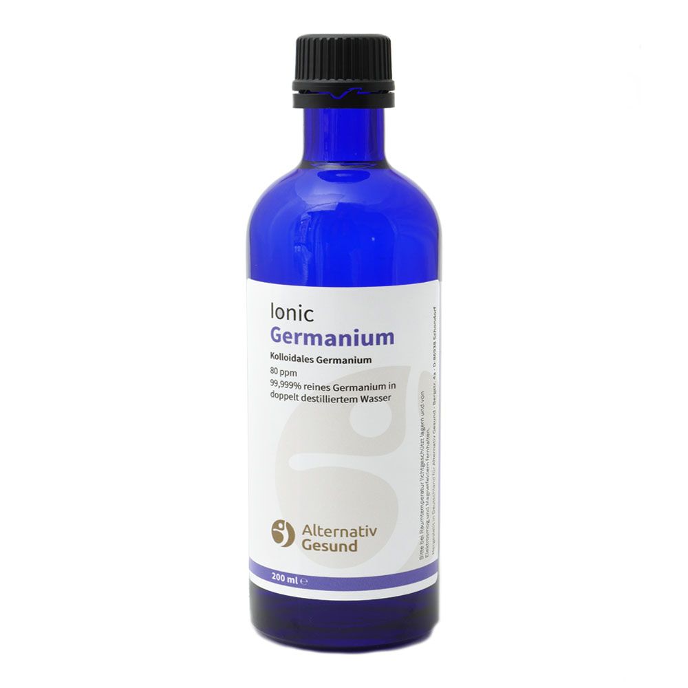 Blaue Glasflasche mit schwarzem Deckel. Aufschrift: Ionic Germanium, Alternativ Gesund. 200 ml.
