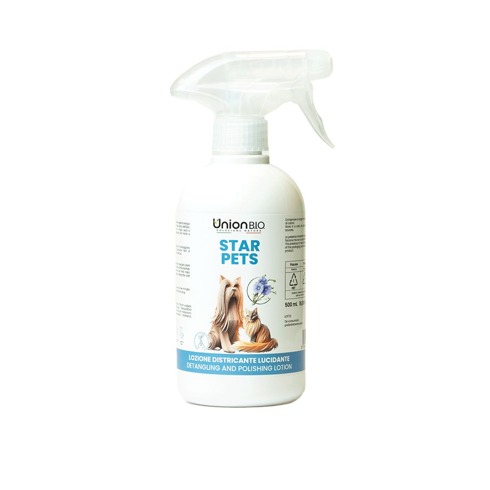 Weiße Sprühflasche mit Aufschrift Union BIO STAR PETS. Enthält eine Detangling and Polishing Lotion. Abbildung von Hund und Katze.