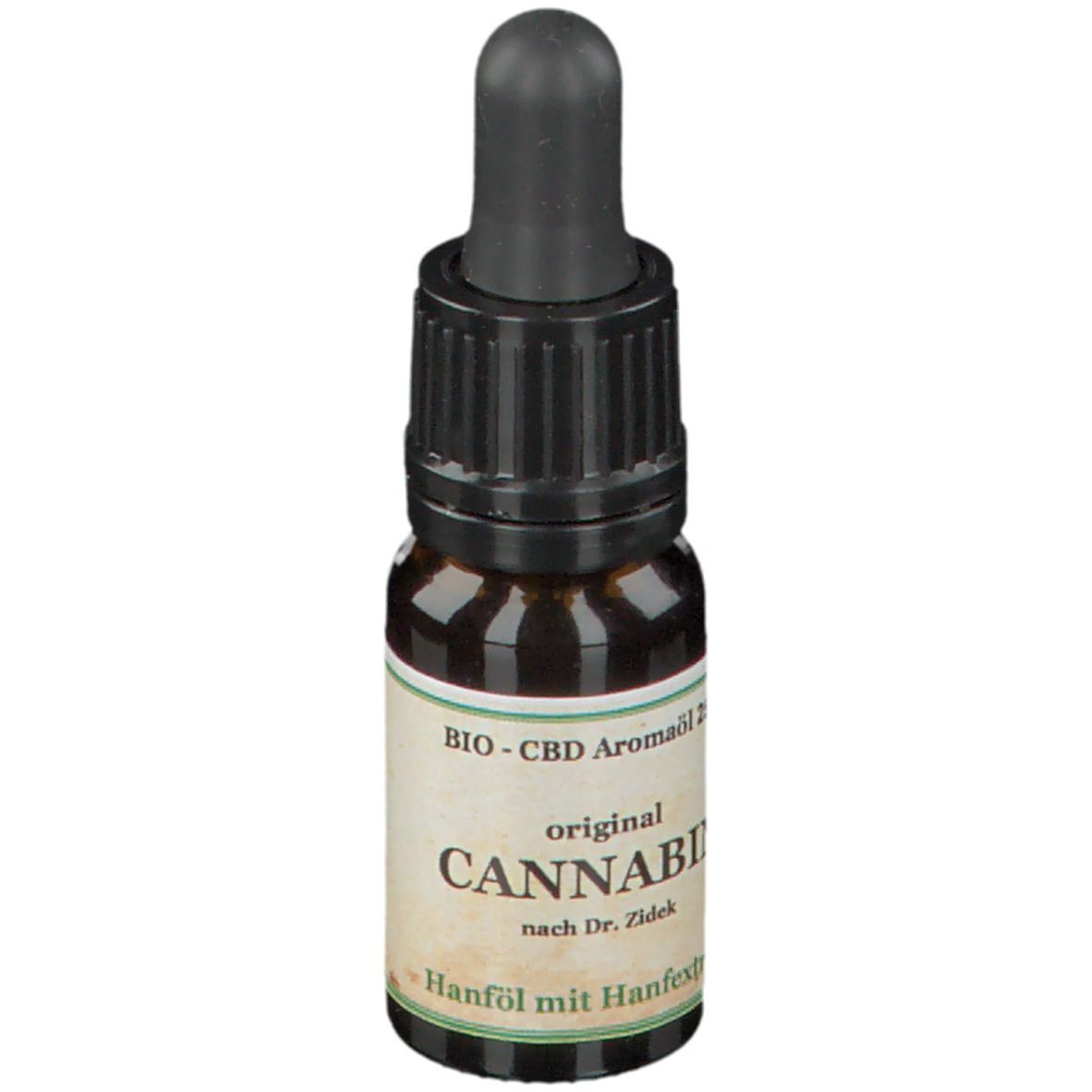 Braune Glasflasche mit schwarzem Tropfer. Etikett mit "original CANNABIN 25 %" und weiteren Texten.