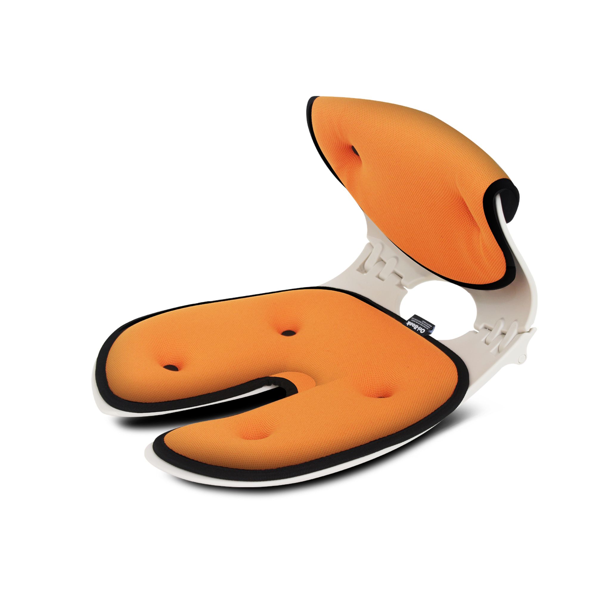 Ergonomischer Sitz, orangefarbenes Kissen, weißer Rahmen, schwarze Ränder. Mit Löchern und einer Rückenlehne.