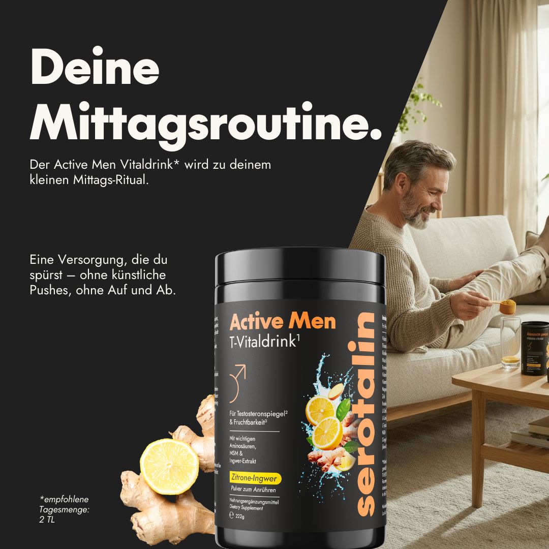 Schwarze Dose mit serotalin-Logo. Mann sitzt auf einem Sofa. Aufschrift: Active Men T-Vitaldrink. Zitrone-Ingwer. Empfohlene Tagesmenge: 2 TL.