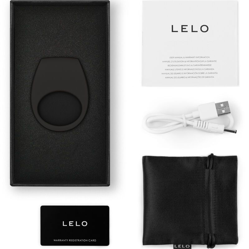Inhalt der Lelo Tor 3 Verpackung: Ring, Anleitung, Ladekabel, Gleitmittel und Tasche.