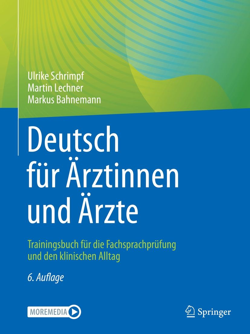 Buchcover: "Deutsch für Ärztinnen und Ärzte". Autoren: Schrimpf, Lechner, Bahnemann. Verlag Springer. Blaue Schrift auf blauem Grund.