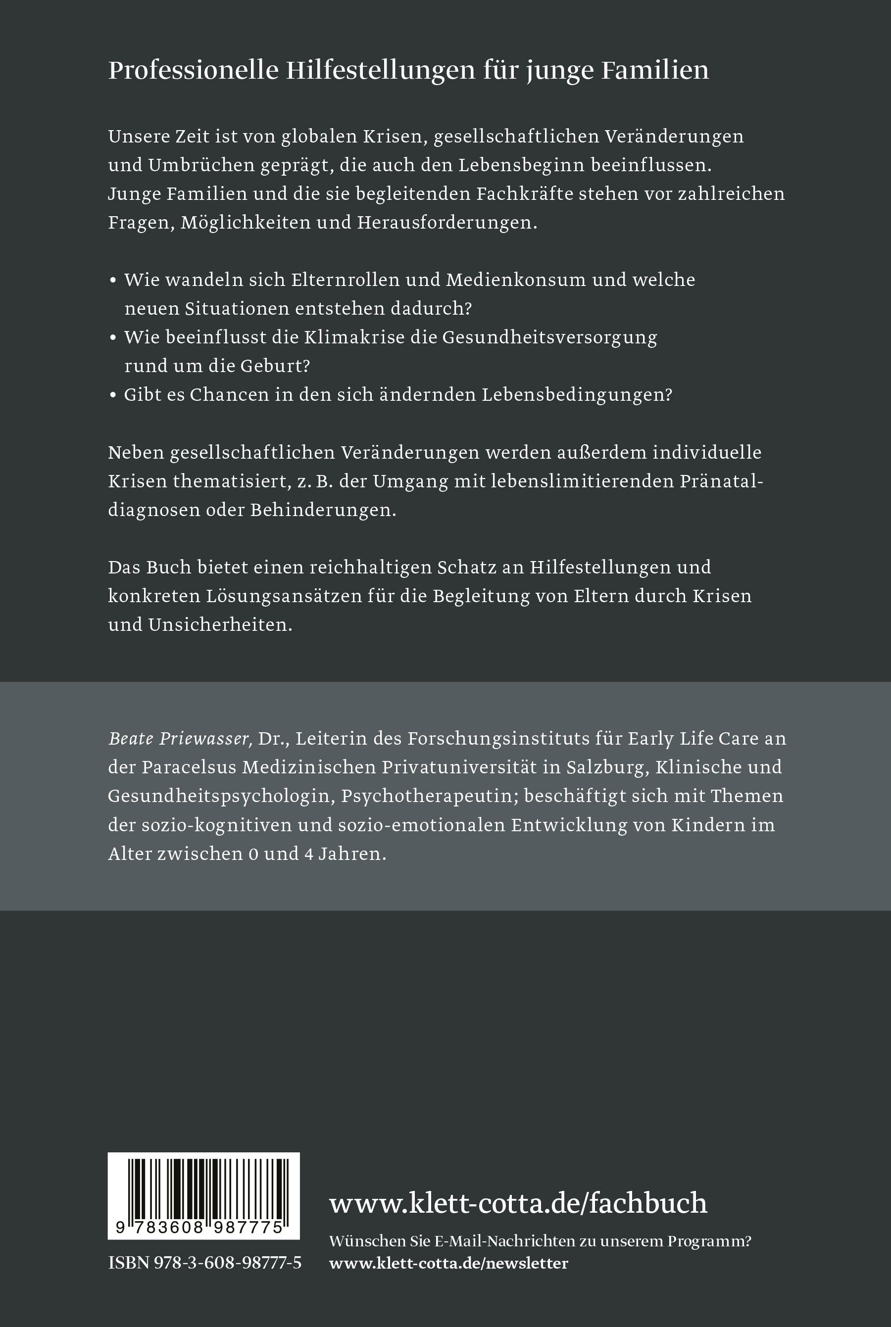 Buchrückseite: Text über professionelle Hilfestellungen für junge Familien. ISBN, Verlag, und Autorenangaben.