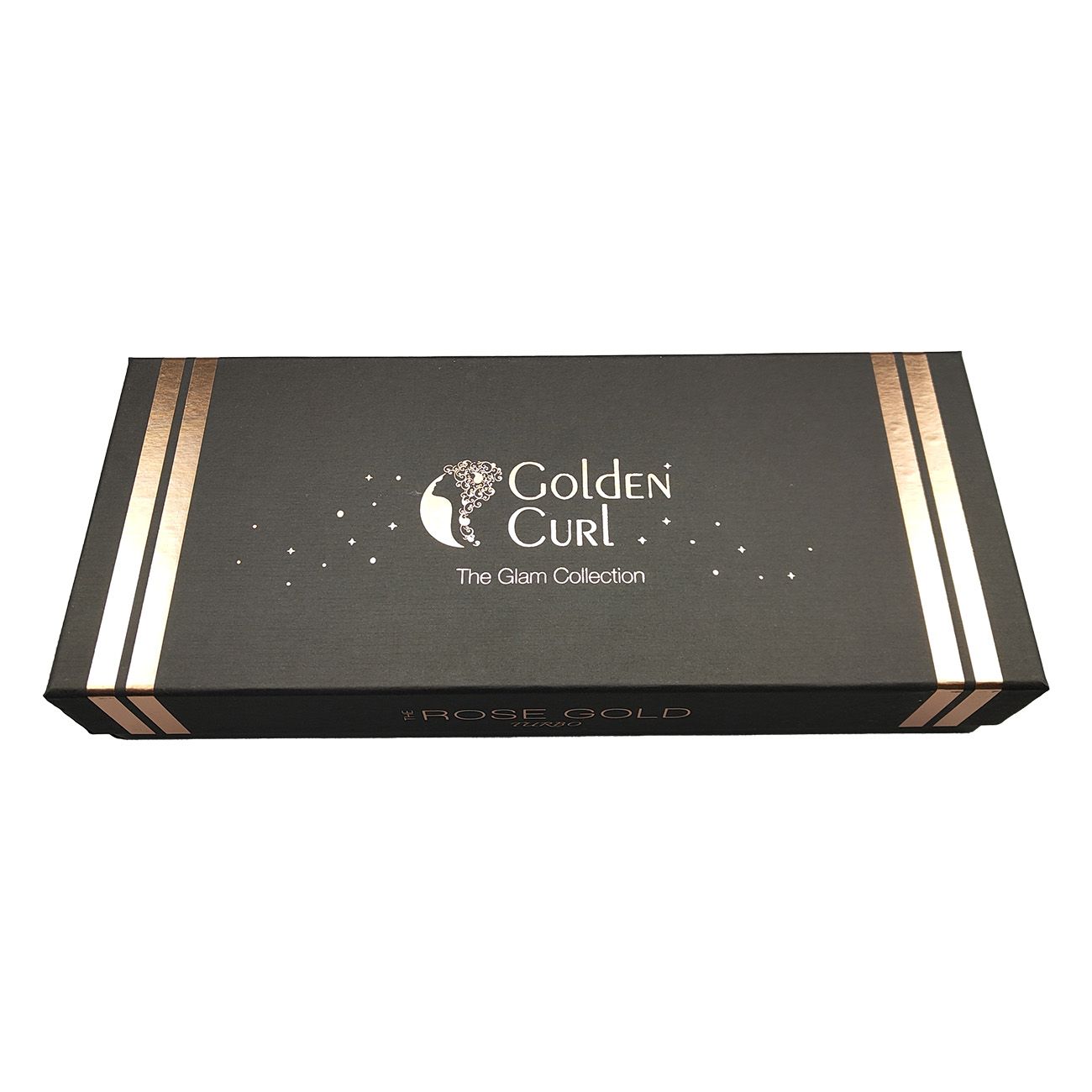 Schwarze Box mit goldfarbenen Streifen und Logo. Aufschrift: Golden Curl, The Glam Collection. Rose Gold.