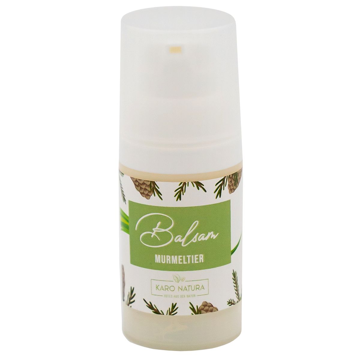 Balsam-Flasche mit weißem Deckel und Etikett. Aufschrift: Balsam Murmeltier, Karo Natura.