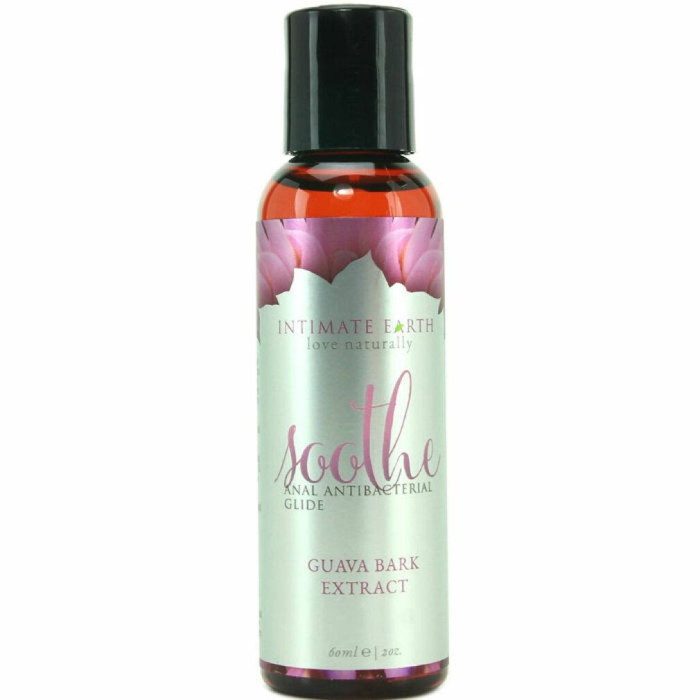 Flüssigkeit in einer Flasche mit schwarzem Deckel. Aufschrift: Intimate Earth, Soothe, Guava Bark Extract.